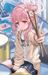  2girls absurdres ahoge airi_(band)_(blue_archive) airi_(blue_archive) blue_archive blue_skirt brown_jacket collared_jacket cowboy_shot drum drum_set drumsticks hair_bun hair_intakes halo highres holding holding_drumsticks instrument jacket light_blush looking_at_viewer multiple_girls natsu_(band)_(blue_archive) natsu_(blue_archive) open_clothes open_jacket outdoors pink_hair pink_halo pleated_skirt print_shirt red_eyes shirt simoumi_217 sitting skirt smile solo_focus sweat thighs w white_shirt 