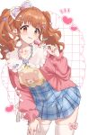  1girl :3 animal_print bear_print blush bow brown_eyes brown_hair candy collarbone eyelashes fingernails food frills hair_bow hair_ornament hand_on_own_thigh heart highres holding holding_candy holding_food holding_lollipop idolmaster idolmaster_cinderella_girls jewelry kurasaki_moroko lollipop long_sleeves looking_at_viewer moroboshi_kirari nail_polish necklace pink_bow plaid plaid_skirt ribbon ring skirt solo star_(symbol) star_hair_ornament thighhighs tongue tongue_out white_background white_thighhighs 