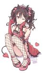  1girl 2019 \n/ black_horns bow bright_pupils brown_hair closed_mouth dated demon_horns demon_tail dress dress_flower eyelashes fishnet_thighhighs fishnets flower full_body gloves hair_between_eyes hair_bow hair_flower hair_ornament hands_up head_rest heart hichou_(stillthetimer) highres horns knees_up looking_at_viewer love_live! love_live!_school_idol_project one_eye_closed pink_bow pink_footwear polka_dot polka_dot_bow red_eyes red_flower red_gloves red_rose rose shoes short_dress simple_background sitting sleeveless sleeveless_dress smile striped_clothes striped_gloves tail thighhighs twintails vertical-striped_clothes vertical-striped_gloves white_background white_pupils wristband yazawa_nico 