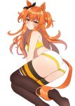  :t absurdres animal_ears ass ass_focus black_socks blush closed_mouth hair_ribbon highres horse_ears horse_girl horse_tail kaoru_(h8qm9) looking_at_viewer mayano_top_gun_(umamusume) orange_eyes orange_hair pout ribbon socks solo tail umamusume white_background 