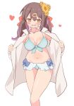  1girl averting_eyes bikini blue_bikini blush brown_eyes brown_hair coat commentary_request facing_viewer feet_out_of_frame flower hair_flower hair_ornament hairclip heart highres jewelry long_hair multicolored_hair necklace onii-chan_wa_oshimai! open_mouth oyama_mihari pon_sugar purple_hair simple_background smile solo standing stomach stomach_day streaked_hair swimsuit twintails white_background 