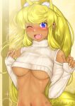  1girl ;d absurdres alternate_costume animal_ears artist_name blonde_hair blue_eyes blush breasts clothing_request commentary cropped_sweater dark-skinned_female dark_skin dated_commentary english_commentary extra_ears facial_mark fang fingernails hair_down highres large_breasts liru long_hair long_sleeves looking_at_viewer navel one_eye_closed open_mouth renkin_san-kyuu_magical_pokaan smile solo sovlart stomach sweater tail turtleneck turtleneck_sweater underboob upper_body very_long_hair whisker_markings white_sweater wolf_ears wolf_girl wolf_tail yellow_tail 