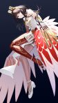  1girl bare_shoulders bird_girl black_hair claws fire_emblem fire_emblem_heroes gloves glowing glowing_wings highres hraesvelgr_(fire_emblem) ikura_(downdexp) leggings long_hair red_eyes red_gloves red_leggings red_wings white_footwear wings 