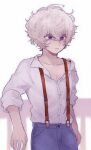  1boy alternate_costume bags_under_eyes bare_shoulders chiimako gnosia grey_eyes grey_hair hair_between_eyes male_focus pants purple_eyes remnan_(gnosia) shirt short_hair simple_background solo white_background white_shirt 