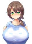  1girl bangs breasts brown_hair closed_mouth come_hither eyebrows_visible_through_hair green_eyes highres huge_breasts long_hair looking_at_viewer low_ponytail original ponytail simple_background solo watari1118 wavy_mouth white_background 