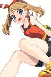  1girl :d bike_shorts blue_eyes blush bow_hairband breasts brown_hair collarbone commentary_request eyelashes fanny_pack hairband happy highres knees may_(pokemon) medium_hair open_mouth pokemon pokemon_oras red_hairband red_shirt shirt shoes shorts sleeveless sleeveless_shirt smile solo yellow_bag yellow_footwear yuihico 