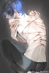  1boy black_background black_pants blue_hair eyelashes feet_out_of_frame fingernails from_behind grey_eyes gslkey hands_on_own_shoulders highres injury kitagawa_yuusuke leather leather_pants looking_ahead male_focus pants persona persona_5 self_hug short_hair simple_background solo squatting topless_male weibo_watermark 