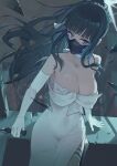  1girl absurdres bare_shoulders black_hair black_mask blue_archive blue_eyes blunt_bangs blurry breasts choker cleavage commentary_request cowboy_shot depth_of_field dress elbow_gloves gloves halo highres holding holding_knife huaano knife large_breasts long_hair mask mouth_mask ponytail saori_(blue_archive) saori_(dress)_(blue_archive) sidelocks solo strapless strapless_dress white_choker white_dress white_gloves white_halo 