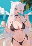  1girl aarontsay absurdres animal_ears ass_visible_through_thighs bikini black_bikini breasts cat_girl choker cleavage commission dripping food highres indie_virtual_youtuber large_breasts midriff navel nvl outdoors popsicle second-party_source solo string_bikini swimsuit thighs virtual_youtuber white_hair 