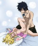  1boy 1girl bed_sheet belt black_hair black_pants blonde_hair brown_belt clenched_teeth closed_eyes collarbone dress_shirt fairy_tail gray_fullbuster hair_between_eyes hetero jewelry leg_grab long_hair lucy_heartfilia lying milady666 navel necklace nipples on_back open_clothes open_mouth open_pants open_shirt pants pillow pillow_grab pink_shirt sex sheet_grab shiny shiny_hair shirt tattoo teeth topless vaginal 