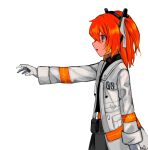  1girl a.i._voice absurdres arm_at_side belt_pouch commentary drawstring from_side gloves hair_ribbon highres jacket long_sleeves medium_hair one_side_up open_clothes open_jacket orange_eyes orange_hair outstretched_arm parted_lips pouch profile ribbon shouyu_(syoyuconitiwa) simple_background solo standing upper_body utau white_background white_gloves white_jacket white_ribbon 