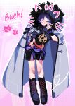  1boy akanbe black_footwear black_shorts boots closed_mouth dotted_background drawn_ears drawn_whiskers english_commentary eyelid_pull full_body fur_trim genshin_impact hand_on_own_hip hand_up highres hood hood_up knees male_focus pink_background purple_eyes purple_hair scaramouche_(genshin_impact) seeslugs shorts solo standing tongue tongue_out twitter_username v-shaped_eyebrows 