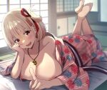  1girl :d barefoot blonde_hair blush breasts collarbone elbow_rest floral_print hair_ribbon highres index_finger_raised japanese_clothes jewelry kimono large_breasts looking_at_viewer lycoris_recoil lying nipples nishikigi_chisato on_stomach one_side_up open_mouth pendant print_kimono red_eyes red_ribbon ribbon sliding_doors smile solo tatami the_pose tsumiki_mc yukata 