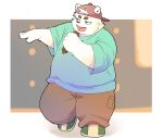 2024 anthro bear bottomwear clothing electronics hat headgear headwear hi_res humanoid_hands inunoshippo kemono male mammal microphone overweight overweight_male pants shirt solo topwear