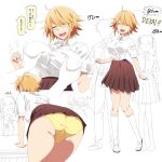 1girl ass blonde_hair blush breasts covered_nipples dress_shirt grabbing grabbing_another&#039;s_breast groping height height_chart height_difference kneehighs large_breasts mary_janes original panties pleated_skirt school_uniform shirt shoes short_hair size_difference skirt socks tall tall_female translated underwear urin yellow_panties 