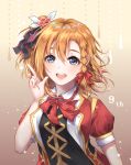  1girl :d blonde_hair blue_eyes bokura_no_live_kimi_to_no_life bow bowtie braid floating_hair hair_between_eyes hair_bow highres index_finger_raised jacket kousaka_honoka long_hair looking_at_viewer love_live! love_live!_school_idol_project one_side_up open_clothes open_jacket open_mouth red_bow red_jacket red_neckwear shiny shiny_hair short_sleeves side_braid single_braid smile solo upper_body user_fzzu3843 