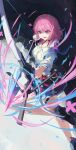  1girl absurdres arrow_(projectile) bare_legs black_footwear blue_skirt bow_(weapon) commentary foot_out_of_frame highres holding holding_bow_(weapon) holding_weapon honkai:_star_rail honkai_(series) march_7th_(honkai:_star_rail) miniskirt muginosa pink_hair purple_eyes shirt short_hair skirt solo weapon white_shirt 