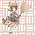  1girl :3 :p adapted_costume animal_ears black_gloves black_hair black_skirt blush common_raccoon_(kemono_friends) crumbs elbow_gloves extra_ears eyebrows_visible_through_hair full_body gloves grey_hair highres japanese_clothes kemono_friends kolshica multicolored multicolored_clothes multicolored_gloves multicolored_hair oar pantyhose plaid pleated_skirt raccoon_ears raccoon_girl raccoon_tail sandals short_hair skirt solo tail tongue tongue_out white_gloves white_legwear 