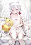  1girl absurdres ahoge animal_ears azur_lane bare_shoulders blush breasts cat cat_ears character_doll collarbone commentary couch covered_navel fake_animal_ears flandre_(azur_lane) grey_eyes hair_between_eyes hair_ribbon hand_on_own_stomach highres indoors kai_(ootamuno12) manjuu_(azur_lane) medium_hair nightgown on_couch panties parted_lips pillow red_ribbon ribbon sitting small_breasts smile thighhighs twintails underwear white_cat white_hair white_nightgown white_panties white_thighhighs 