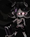  1girl armor belt belt_buckle big_hair bike_shorts black_background black_belt black_gloves black_hair black_shirt black_shorts black_theme breastplate buckle closed_mouth crop_top e-liter_4k_(splatoon) fingerless_gloves gloves hand_on_own_leg highres koike3582 loose_belt medium_hair multiple_belts navel octoling shirt shorts sleeveless sleeveless_shirt smile solo splatoon_(series) straight-on suction_cups sunglasses takozonesu tentacle_hair 