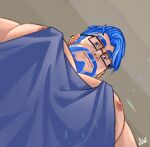  1boy bara blue_eyes blue_hair blue_tank_top connected_beard daji_takaishi_(takai_43) foreshortening from_below glasses highres large_pectorals light_rays looking_at_viewer looking_down male_focus mature_male meme muscular muscular_male nipple_slip nipples original pectoral_cleavage pectoral_focus pectorals photo-referenced short_hair sidepec smile solo tank_top thick_eyebrows upper_body yur_oc_like_this_(meme) 