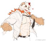  1boy abs arknights bara belt black_belt black_necktie chinese_commentary colored_tips commentary_request fangs furry heart horns hung_(arknights) komainu_boy komainu_ears looking_at_viewer male_focus multicolored_hair muscular muscular_male navel necktie nipples open_mouth pants pectorals run_(arun_six) shirt single_horn smile undone_necktie weibo_logo weibo_watermark white_background white_pants white_shirt yellow_eyes 