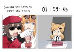  1boy 2girls :3 animal_ears beret blonde_hair blue_eyes cake cat_ears closed_mouth commander_(girls_frontline) commentary_request english_text eyewear_on_head food girls_frontline gloves hat idw_(girls_frontline) kalina_(girls_frontline) long_hair long_sleeves meme multiple_girls necktie open_mouth rukialice slice_of_cake sunglasses teeth white_gloves woman_yelling_at_cat 