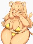 2024 3:4 anthro big_breasts bikini biped blush blush_lines bodily_fluids breasts camel_toe cleavage clothed clothing embarrassed fangs female fur gold_bikini hair havilaladlf hi_res kemono mammal open_mouth orange_body orange_fur orange_hair simple_background slightly_chubby solo sweat sweatdrop swimwear tail teeth thick_thighs white_background