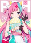  1girl bag bangs bare_shoulders black_gloves blue_eyes blue_hair bow character_name diagonal-striped_background diagonal_bangs diagonal_stripes dress food gloves hair_ornament half_gloves highres holding holding_bag holding_food long_hair looking_at_viewer mika_pikazo multicolored_hair one_eye_closed pink_background pink_hair pinky_pop_hepburn popcorn signature sleeveless sleeveless_dress solo spoken_x sports_bra striped striped_background the_moon_studio two-tone_hair two_side_up upper_body very_long_hair virtual_youtuber white_dress x_hair_ornament 