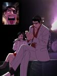  1girl 2boys black_hair black_socks boots cdtxufre clapping english_commentary facial_hair fan_screaming_at_madison_beer_(meme) goatee grey_footwear highres holding holding_microphone hood hoodie inset kiryu_kazuma knee_boots majima_goro meme microphone multiple_boys open_clothes open_mouth open_shirt pants photo_background pleated_skirt red_shirt red_skirt ryuu_ga_gotoku_(series) sawamura_haruka screaming shirt short_hair sitting skirt smile socks suit veins white_footwear white_hoodie white_pants white_suit yakuza 