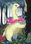  berry_(pokemon) claws commentary_request dated day flower forest from_side highres meganium meq_(xwtc4338) nature no_humans open_mouth outdoors pokemon pokemon_(creature) signature solo tongue tree yellow_eyes 