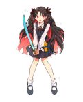  1girl aged_down belt black_hair black_vest blush breasts collared_shirt colored_inner_hair crying crying_with_eyes_open fate/grand_order fate_(series) full_body holding holding_toy holster ishtar_(fate) kabutomushi_s long_hair long_sleeves looking_at_viewer multicolored_hair official_alternate_costume open_mouth parted_bangs pleated_skirt red_eyes red_hair ribbon shirt skirt small_breasts solo space_ishtar_(fate) tears toy toy_gun toy_sword two-tone_hair two_side_up very_long_hair vest white_background white_shirt 