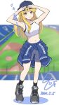  1girl backwards_hat baseball_cap black_socks blonde_hair blue_hat blue_shorts breasts clothes_around_waist double_bun fletcher_(kancolle) full_body hair_bun hat highres jacket jacket_around_waist kantai_collection large_breasts ld_(luna_dial398) long_hair navel shoes short_shorts shorts smile sneakers socks solo tank_top translation_request white_tank_top 