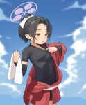  1girl bbatne black_hair blue_archive blue_sky blush breasts brown_eyes cloud covered_navel detached_sleeves halo heavy_breathing highres open_mouth outdoors ponytail red_haori rickshaw_student_(blue_archive) sky small_breasts solo sweat towel undershirt white_towel 
