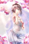  1girl :d absurdres bare_shoulders black_hair blurry_foreground bridal_veil bride burn_scar crescent_light dorei_to_no_seikatsu_~teaching_feeling~ dress flower_wreath hair_up hand_on_own_chest happy happy_tears highres jewelry looking_at_viewer open_mouth purple_eyes ring scar smile solo strapless strapless_dress sylvie_(dorei_to_no_seikatsu) tears veil wedding_band wedding_dress white_dress wreath 