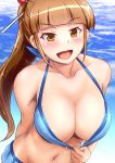  1girl bangs bikini bikini_pull blue_bikini blunt_bangs blush breasts brown_eyes brown_hair character_request cleavage collarbone dha eyebrows_visible_through_hair hair_ornament hair_stick halterneck highres large_breasts leaning_forward long_hair looking_at_viewer nanoha_yougashiten_no_ii_shigoto navel ocean open_mouth ponytail smile solo sparkle swimsuit very_long_hair 