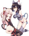  2girls animal_ears ass bangs bare_shoulders bbci black_gloves black_hair black_legwear blonde_hair blush breasts cat_ears cat_tail commentary eyebrows_visible_through_hair fate/kaleid_liner_prisma_illya fate_(series) gloves hair_ornament hairclip highres illyasviel_von_einzbern long_hair looking_at_viewer miyu_edelfelt multiple_girls navel open_mouth red_eyes ribbon simple_background small_breasts tail thighhighs twintails white_background yellow_eyes 