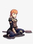  1girl annette_fantine_dominic axe bangs black_footwear blue_legwear blunt_bangs boots breasts dirty_clothes dirty_face fire_emblem fire_emblem:_three_houses full_body garreg_mach_monastery_uniform hair_rings highres long_sleeves moyashi_mou2 orange_hair pantyhose shadow short_hair silver_eyes simple_background sitting skirt small_breasts solo sweatdrop white_background 