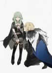  1boy 1girl absurdres bangs black_cape black_footwear black_gloves black_shorts blonde_hair blue_cape blue_eyes boots breasts byleth_(fire_emblem) byleth_(fire_emblem)_(female) cape dimitri_alexandre_blaiddyd eyebrows_behind_hair fire_emblem fire_emblem:_three_houses flower fur-trimmed_cape fur_trim gloves greaves green_eyes green_hair grey_background hair_between_eyes hand_on_own_knee highres holding holding_flower knee_boots long_hair navel one_knee pink_flower profile short_shorts short_sleeves shorts simple_background sitting small_breasts vambraces zhibuji_loom 