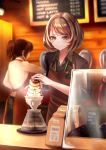  2girls apron barista blurry blurry_background blush brown_hair caocaogelato coffee coffee_beans coffee_pot counter cup display_case highres indoors multiple_girls original ponytail pouring short_hair sign smile solo_focus 