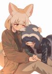 2girls alternate_costume animal_ears beige_pants blonde_hair blush brown_jacket casual commentary_request common_raccoon_(kemono_friends) crying eyebrows_visible_through_hair fang fennec_(kemono_friends) fox_ears fox_girl fox_tail grey_hair hand_on_another&#039;s_head head_to_head highres holding_hands jacket kemono_friends leather leather_jacket long_sleeves multicolored_hair multiple_girls nakta one_eye_closed open_mouth pants raccoon_ears raccoon_girl raccoon_tail short_hair tail tears white_hair 