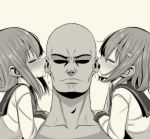  1boy 2girls bald blush closed_eyes closed_mouth commentary_request ear_licking greyscale hair_between_eyes hair_ornament hairclip highres ikazuchi_(kantai_collection) inazuma_(kantai_collection) kantai_collection licking long_sleeves mamerakkkkko monochrome multiple_girls open_mouth saliva school_uniform serafuku sidelocks simple_background 