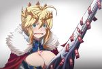  1girl ahoge artoria_pendragon_(all) artoria_pendragon_(lancer) bangs blonde_hair braid breasts cleavage commentary_request crown eyebrows_visible_through_hair fate/grand_order fate_(series) french_braid fujitaka_nasu fur_trim green_eyes hair_between_eyes highres large_breasts long_hair looking_at_viewer sidelocks solo 