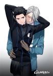  2boys arms_up artist_name black_hair brown_eyes brown_gloves closed_eyes coat gearous gloves hair_over_one_eye hair_slicked_back hand_on_another&#039;s_hip highres jacket katsuki_yuuri male_focus multiple_boys parted_lips silver_hair track_jacket unzipping viktor_nikiforov yaoi yuri!!!_on_ice 