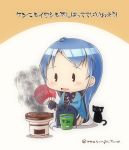  black_cat black_legwear blue_hair bucket cat chibi cooking fan happi japanese_clothes kantai_collection long_hair mae_(maesanpicture) paper_fan samidare_(kantai_collection) simple_background smoke solid_oval_eyes thighhighs uchiwa very_long_hair 