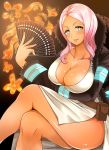  +_+ 1girl adahcm blue_eyes breast_lift breasts cleavage collarbone crossed_legs dark_skin en&#039;en_no_shouboutai fan folding_fan fur_trim hibana_(enen_no_shoubotai) highres large_breasts long_hair long_sleeves looking_at_viewer pink_hair pouch shiny shiny_skin sitting solo 