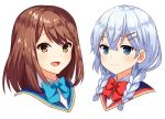  2girls :d bangs blue_eyes blue_neckwear blush bow bowtie braid brown_eyes brown_hair character_request closed_mouth collared_shirt commentary_request eyebrows_visible_through_hair girlfriend_(kari) hair_between_eyes hair_ornament hairclip long_hair low_twintails multiple_girls murakami_fumio nyanmaru_(ememing) open_mouth portrait red_neckwear shiina_kokomi shirt silver_hair simple_background smile twin_braids twintails white_background white_shirt 