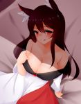  1girl animal_ear_fluff animal_ears ayatori_(aytr) bed blush breasts brooch brown_hair cleavage collarbone commentary commentary_request dress eyebrows_visible_through_hair highres imaizumi_kagerou jewelry large_breasts long_hair long_sleeves looking_at_viewer looking_up off-shoulder_dress off_shoulder red_eyes shaded_face shadow solo tongue tongue_out touhou white_dress wide_sleeves wolf_ears 