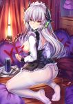  1girl alternate_costume ass black_dress breasts breasts_outside dragon_girl dragon_horns dress enmaided fate/grand_order fate_(series) grey_hair horns kiyohime_(fate/grand_order) kneeling long_hair long_sleeves looking_back maid maid_headdress medium_breasts multiple_horns pantyhose pillow red_eyes remote_control_vibrator shirt short_dress solo thighband_pantyhose traditional_media vibrator vibrator_under_pantyhose watercolor_pencil_(medium) white_legwear white_shirt yes yes-no_pillow zha_yu_bu_dong_hua 