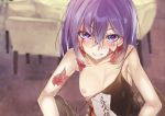  1girl absurdres bangs bare_arms bare_shoulders blurry blurry_background blush breast_slip breasts burn_scar collarbone commentary_request dorei_to_no_seikatsu_~teaching_feeling~ dress eyebrows_visible_through_hair grin hair_between_eyes highres huge_filesize looking_at_viewer nipples purple_eyes purple_hair scar small_breasts smile solo suushiki sylvie_(dorei_to_no_seikatsu) v-shaped_eyebrows 